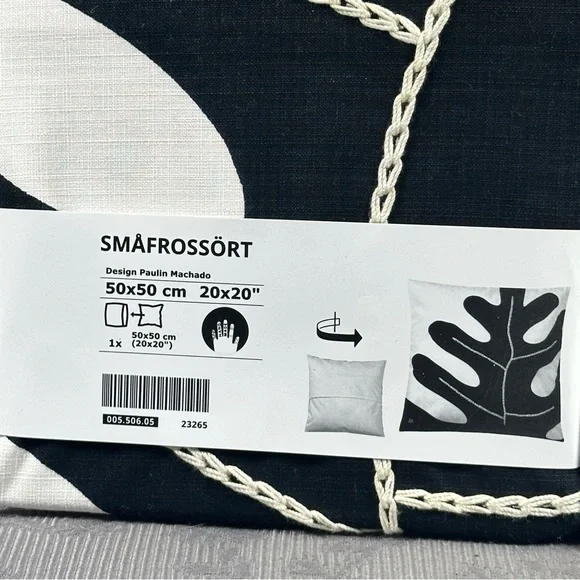 IKEA SMAFROSSORT Two Pillow Cushion Cover 20x20 Leaf Embroidered Off-White/Black - Picture 3 of 5